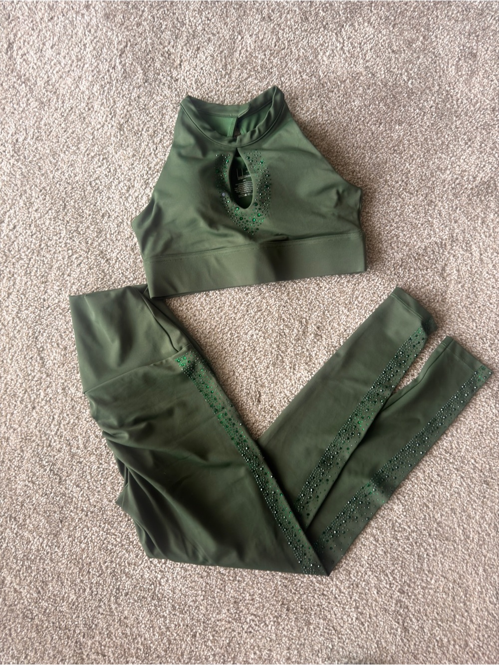 Luxe Lady Fit Green High-Waist Leggings with Rhinestone Side Panels
